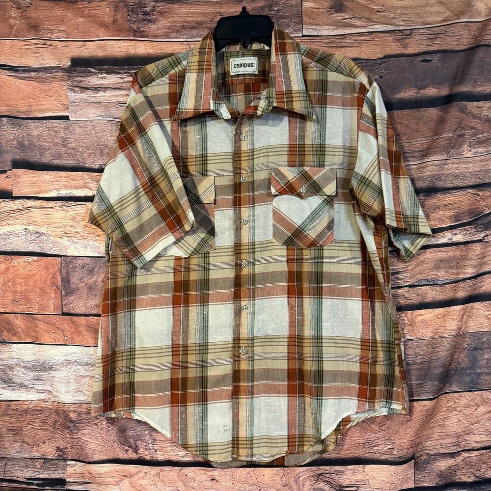 Campus Casual Button-Down Shirt Men's Brown Multi Plaid XL Short Sleeve Poly